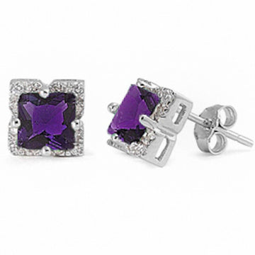 Halo Stud Earrings Princess Cut Simulated Amethyst CZ 925 Sterling Silver